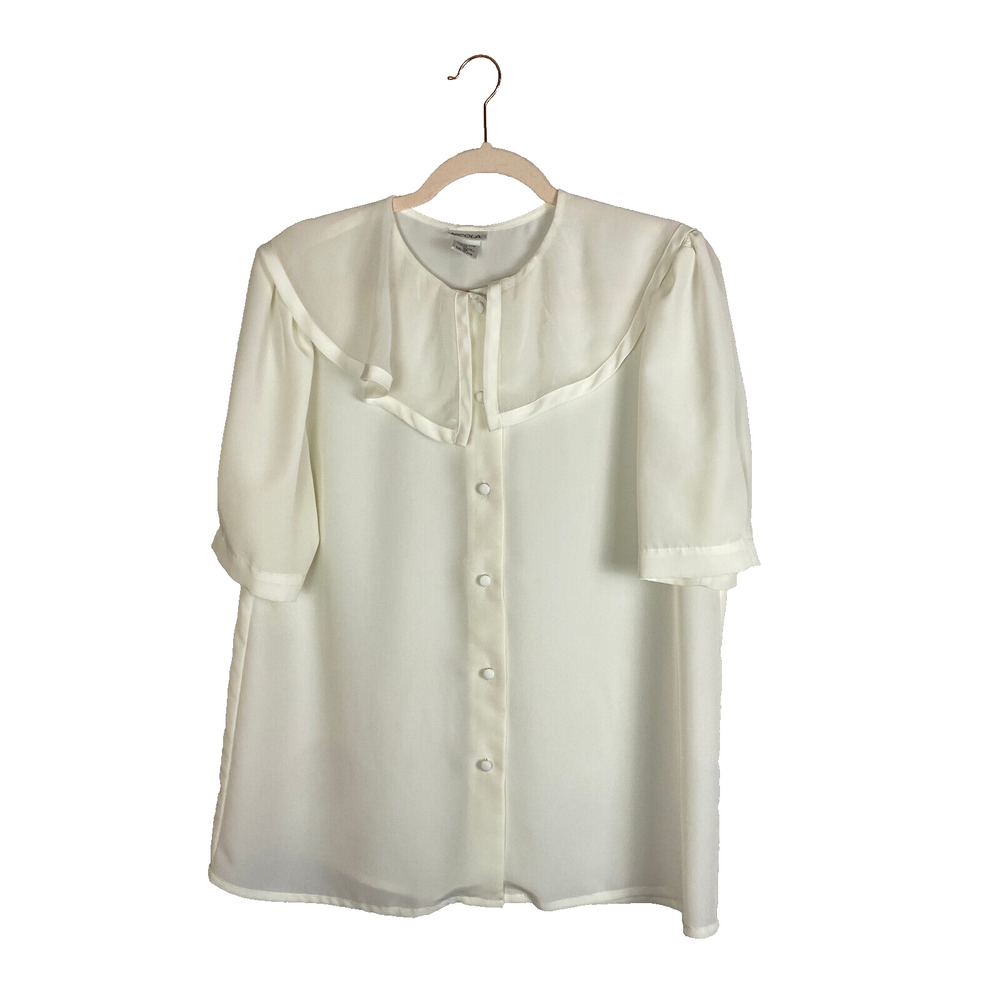 Vintage Nicola Button Top Sz 14 Semi Sheer Flounce Short Sleeve Cottage Cream